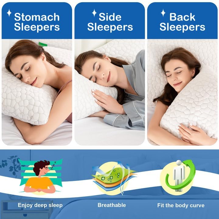 Cooling Pillow Queen Size Set of 2, Adjustable Bed Pillows for Sleeping, Luxury Shredded Memory Foam Pillows 2 Pack,Soft Yet Supportive Firm Pillow for Side,Back,Stomach Sleepers,Gifts for Hot Sleeper