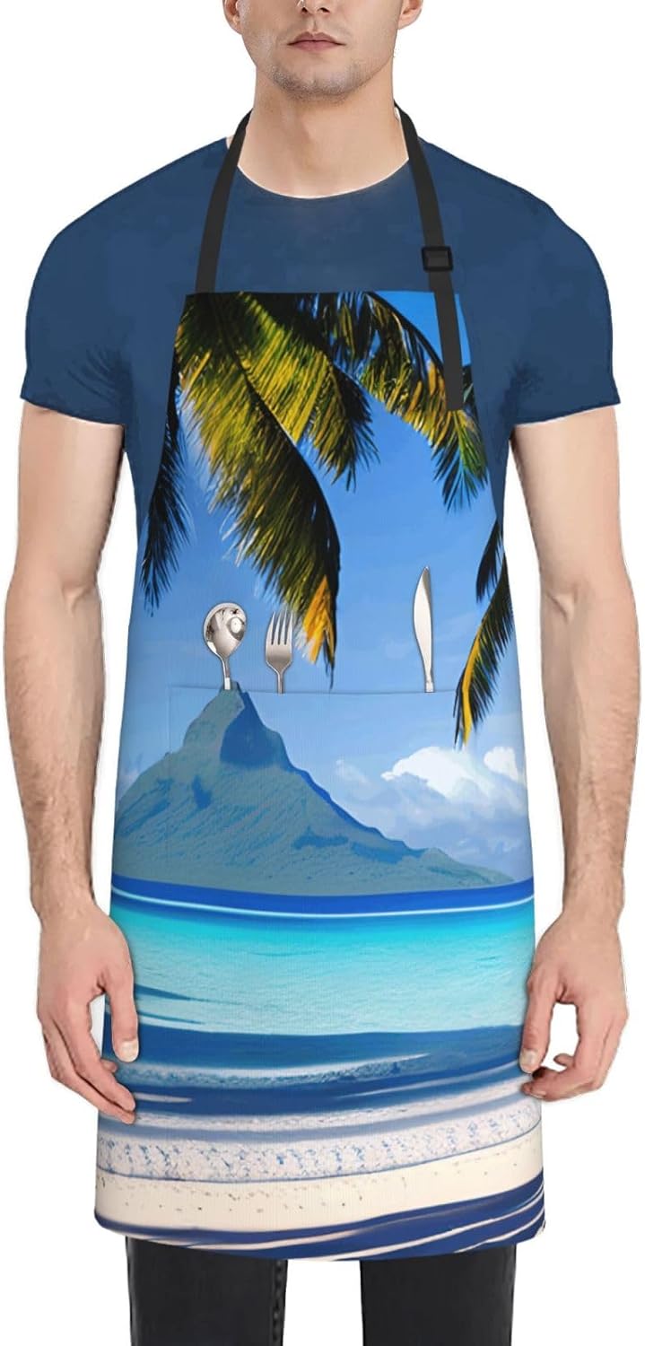 YANYU Tahiti Beaches Print 28x33 In Kitchen Apron Stylish Chef Apron with Pockets for Cooking Baking Painting