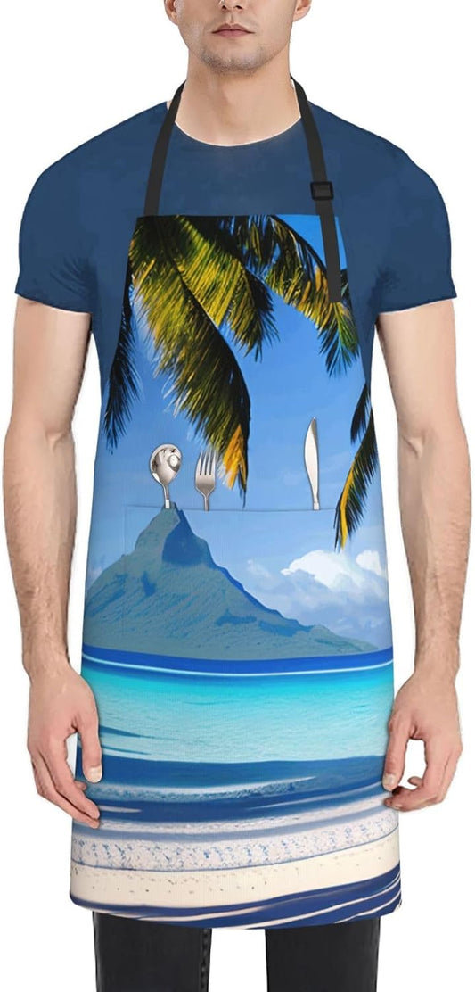 YANYU Tahiti Beaches Print 28x33 In Kitchen Apron Stylish Chef Apron with Pockets for Cooking Baking Painting