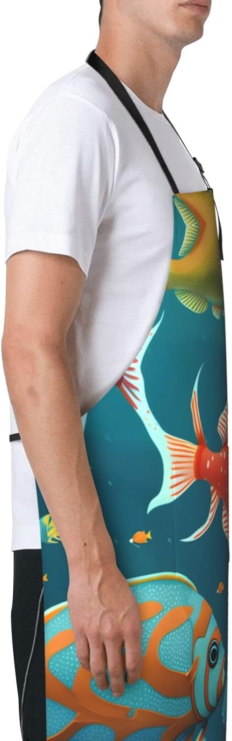 Ocean Underwater Fish Print Laundry apron 28x33 In Waterproof Kitchen Apron with Pockets for Cooking Baking