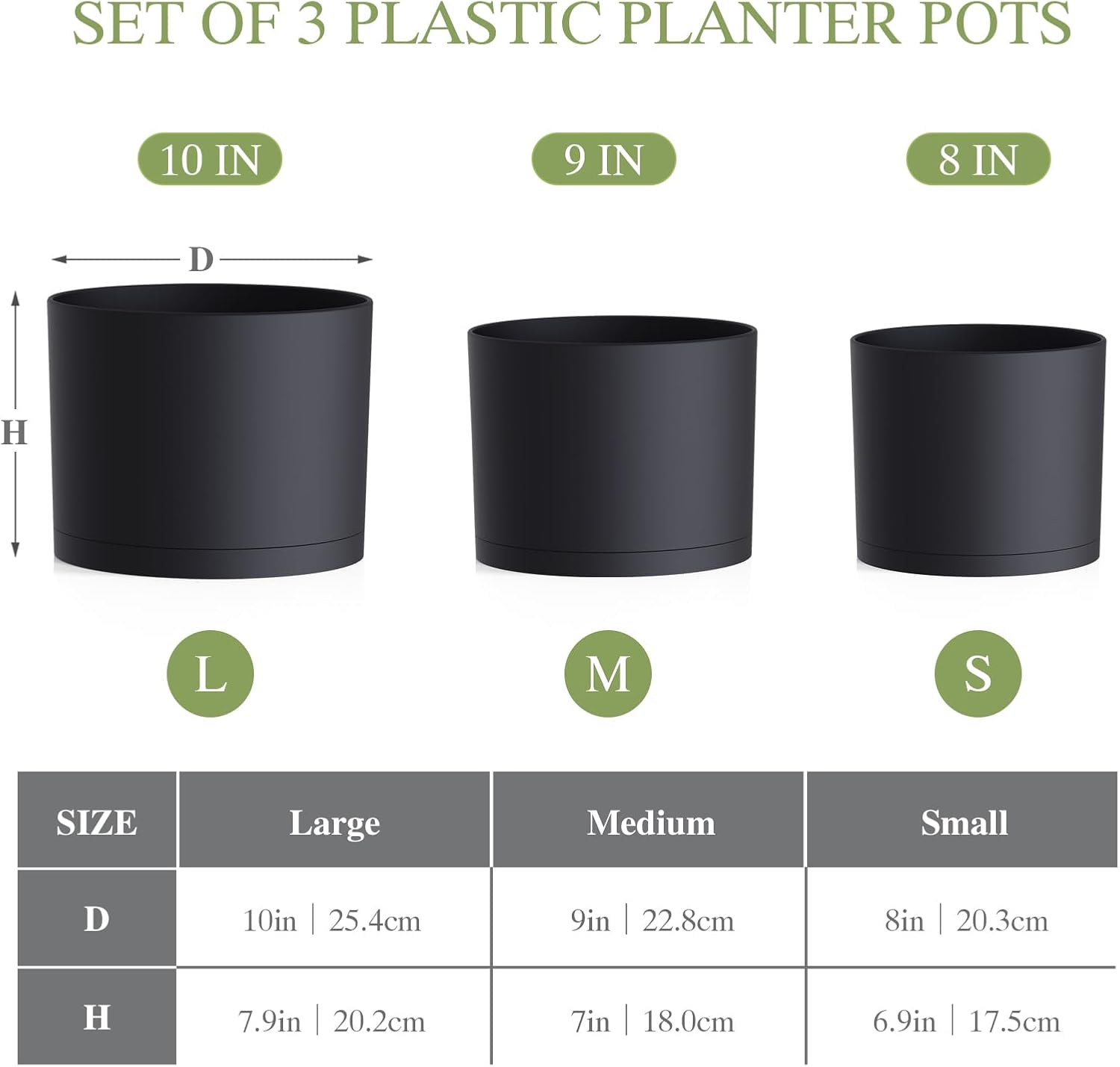 (3 Pack) 10 Inch Plant Pot with Drainage and Saucers, 10/9/8 Inch Plas