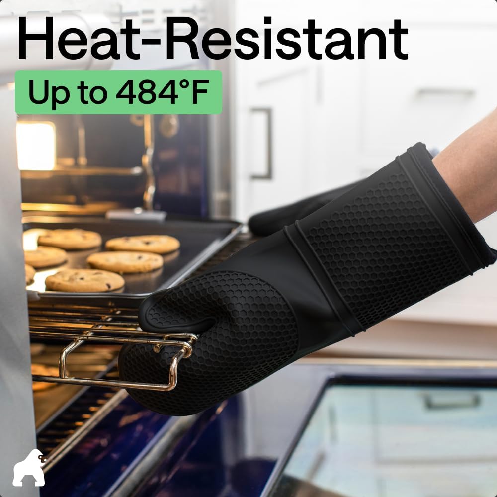 GORILLA GRIP BPA-Free Soft Silicone Oven Mitts, Heat Resistant and Waterproof Cooking Safety Gloves, Thick Cotton Lining, Flexible Gripping, Kitchen Potholders Set, for Grilling, BBQ, 12.5x8.3, Black