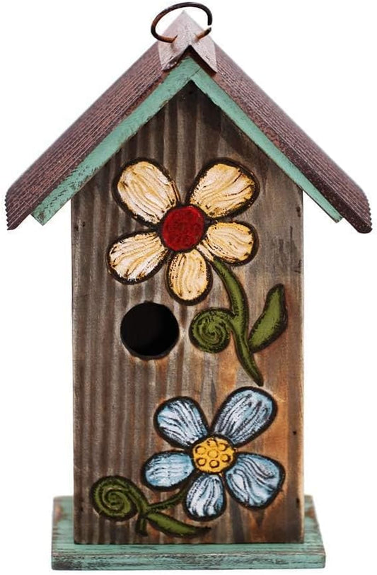 Topadorn Bird House Wooden Carved Floral Birdhouse with Hoop Hanging Birdhouse for Garden Yard Porch Decoration,11 Inch