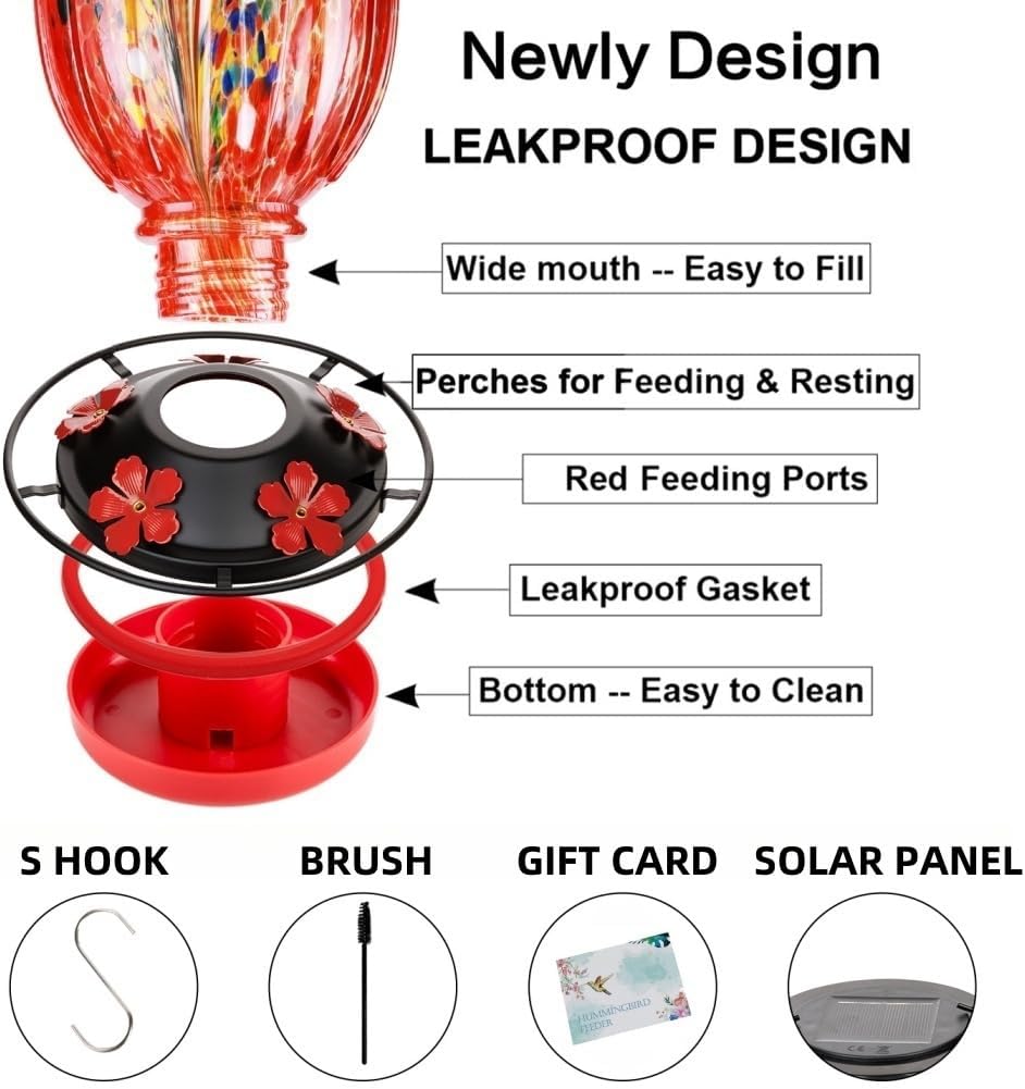Solar Hummingbird Feeder for Outdoors Hanging Patio Designed 32 Ounces Colorful Hand Blown Glass Hummingbird Feeder 5 Feeding Ports with Perch Never Leak (Red)