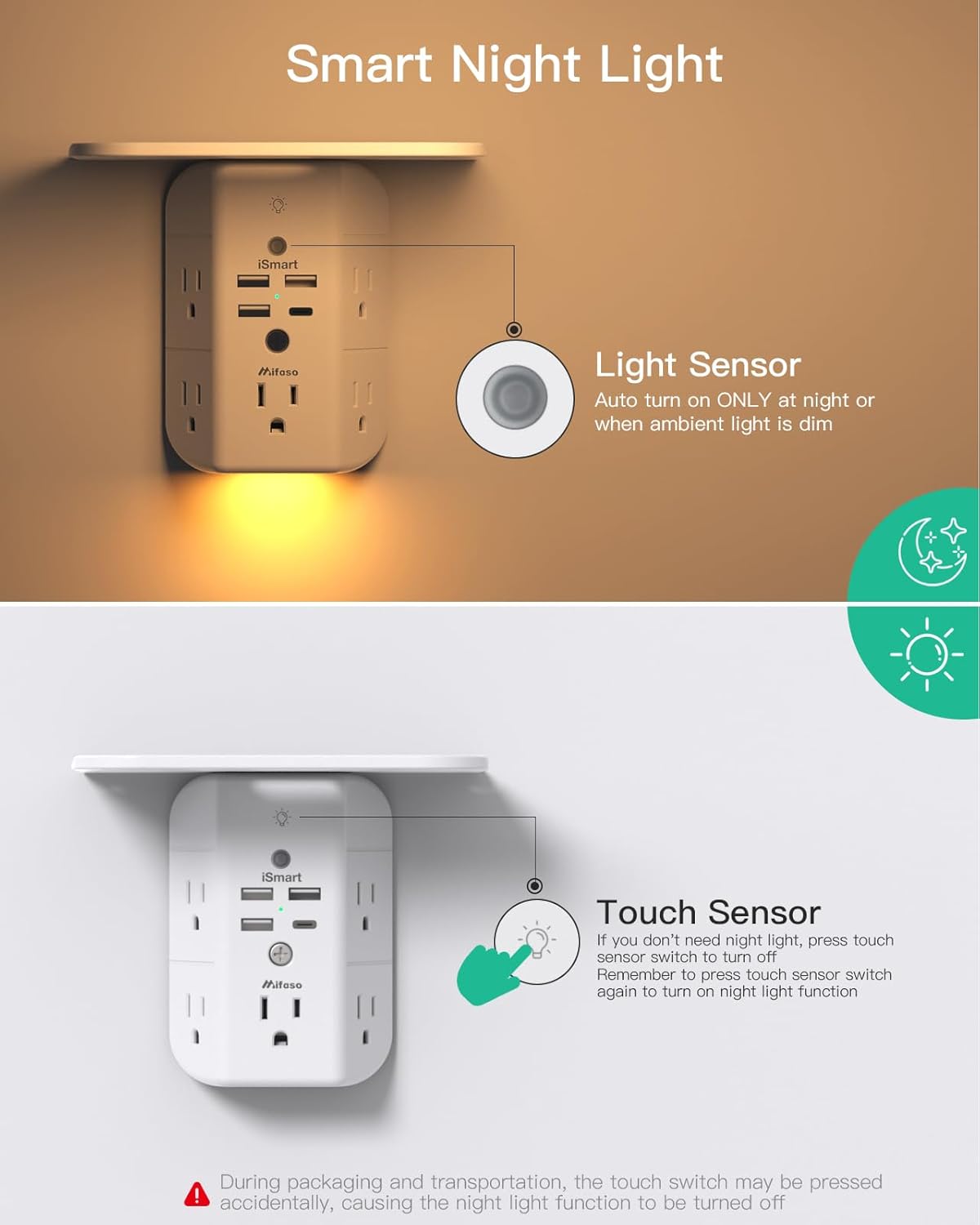Wall Outlet Extender with Shelf and Night Light, Surge Protector, Wall