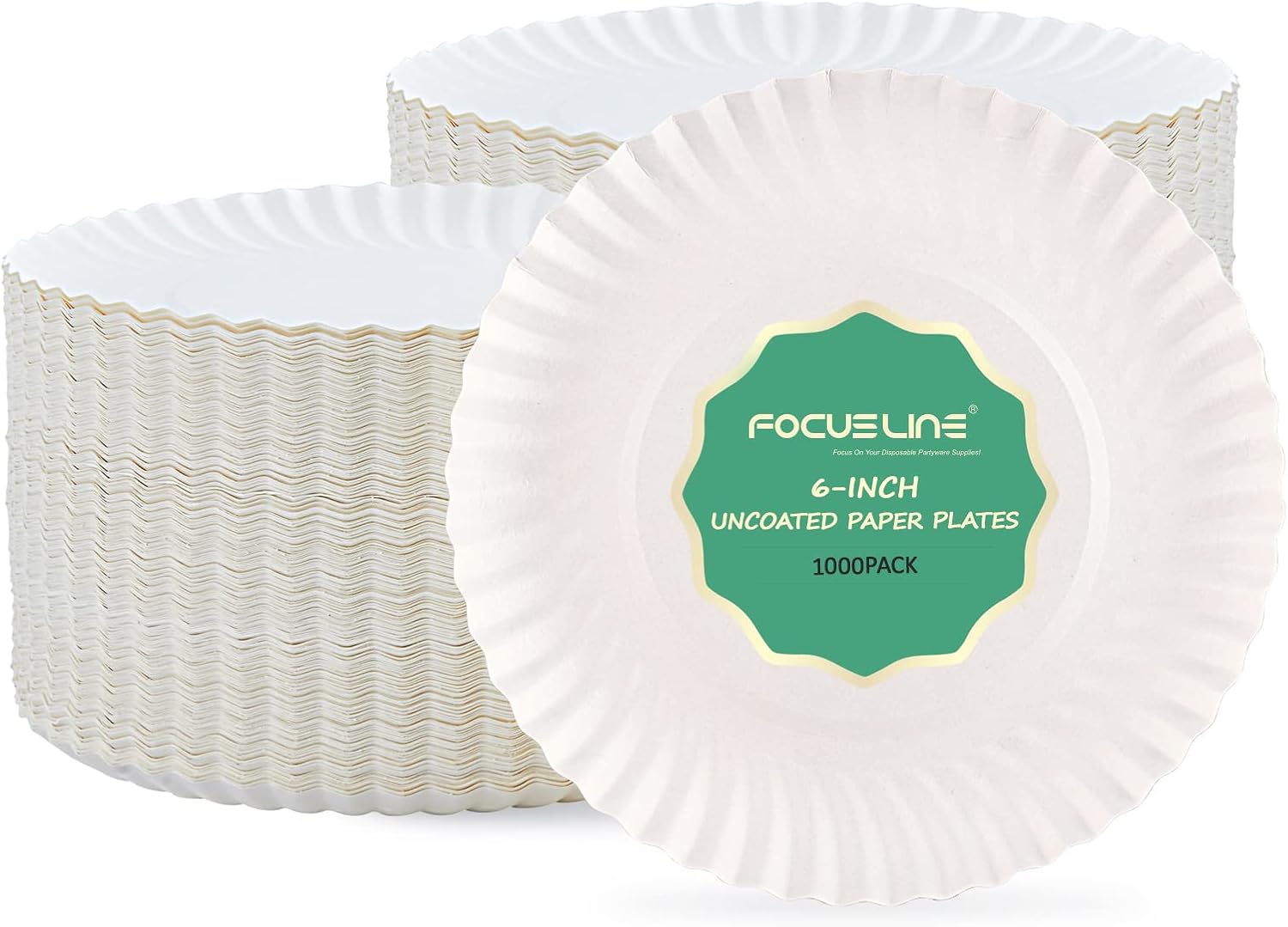 FOCUSLINE 6 Inch Paper Plates 1000 Count, White Paper Plates Uncoated,