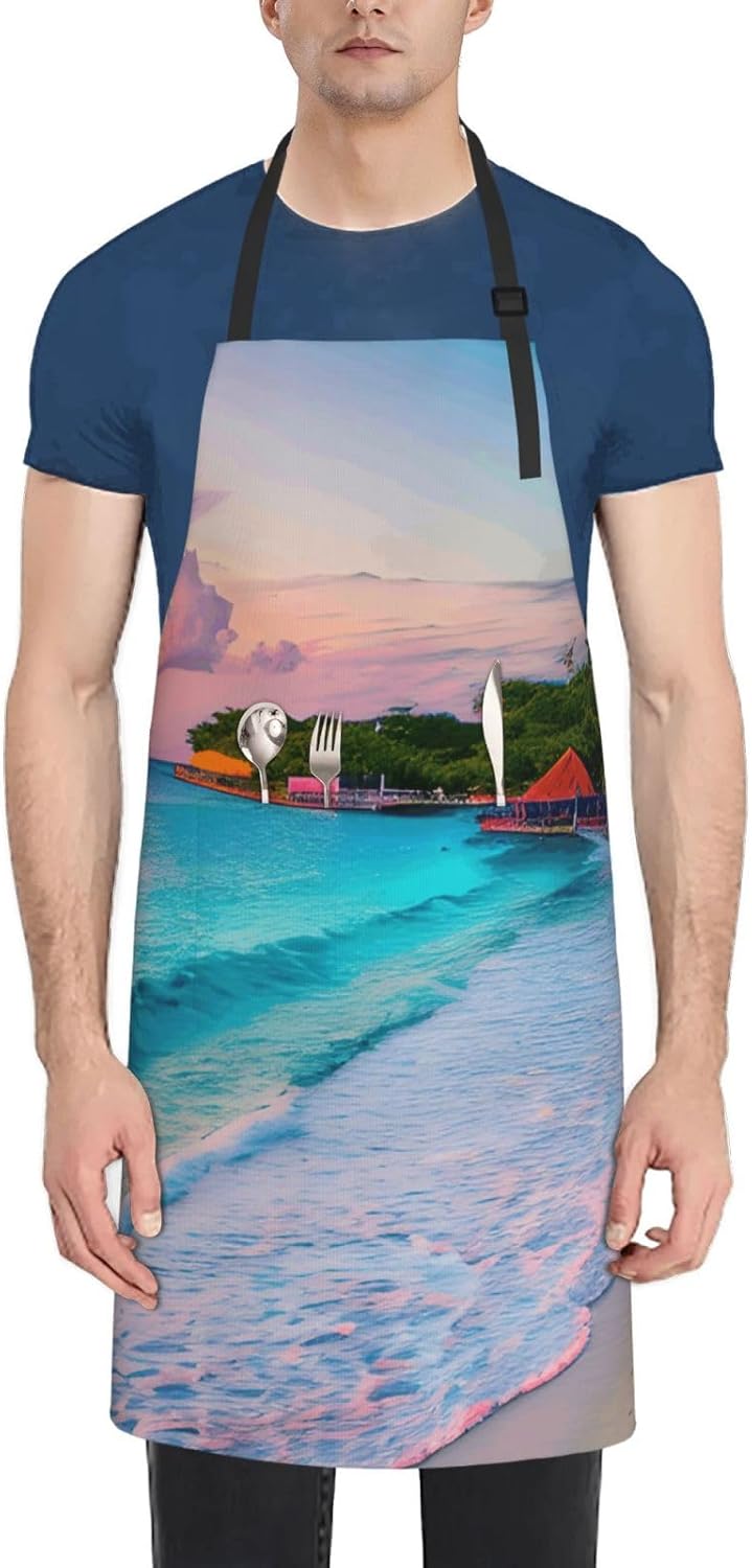 YANYU Jamaica Beach Print 28x33 In Kitchen Apron Stylish Chef Apron with Pockets for Cooking Baking Painting