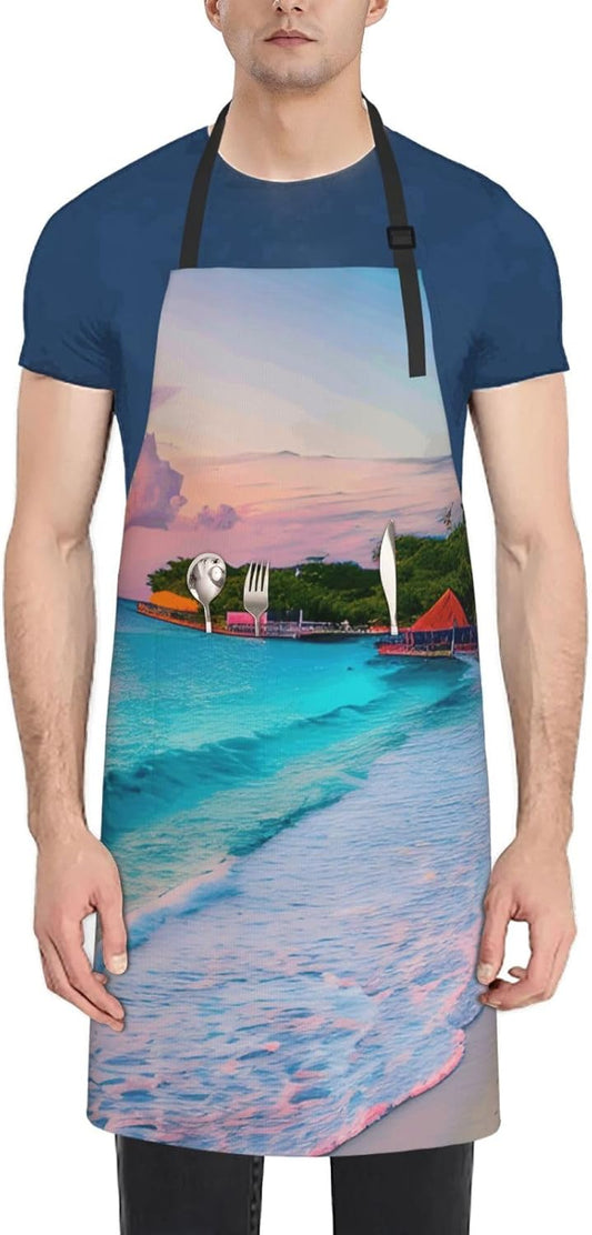 YANYU Jamaica Beach Print 28x33 In Kitchen Apron Stylish Chef Apron with Pockets for Cooking Baking Painting
