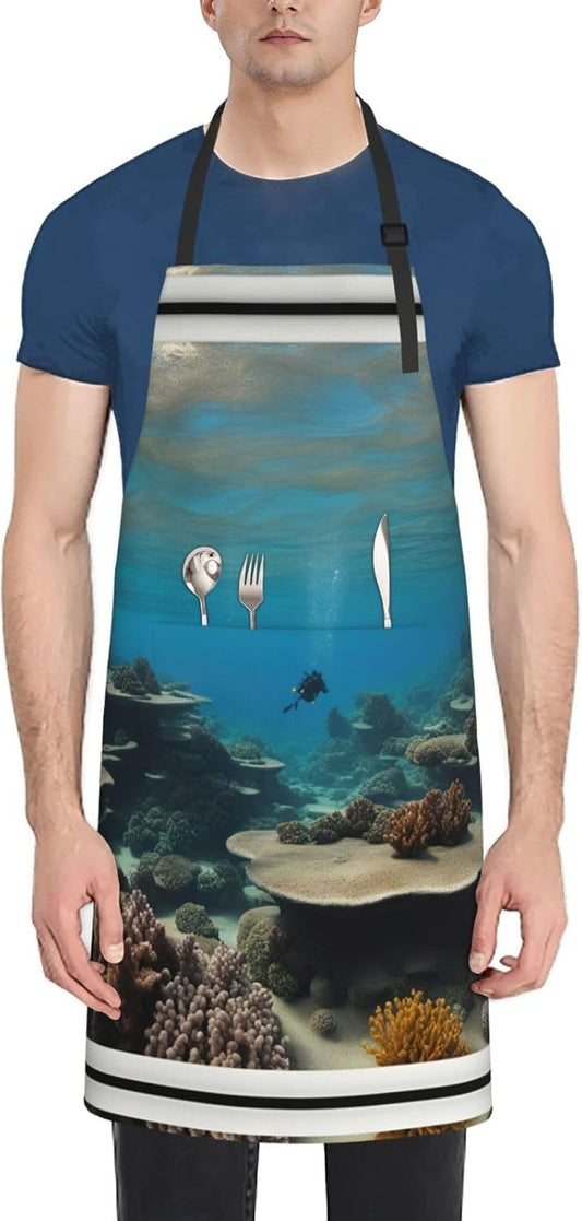 Underwater Ocean View print Waterproof apron with pocket adjustable cooking apron for adult kitchen bibs to bake