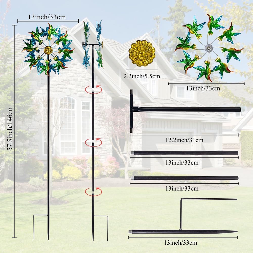Viveta Wind Spinners for Yard and Garden, Hummingbird Wind Spinners with Metal Stake, 57.5" Double Wind Spinner Yard Art Decor for Patio Lawn Garden