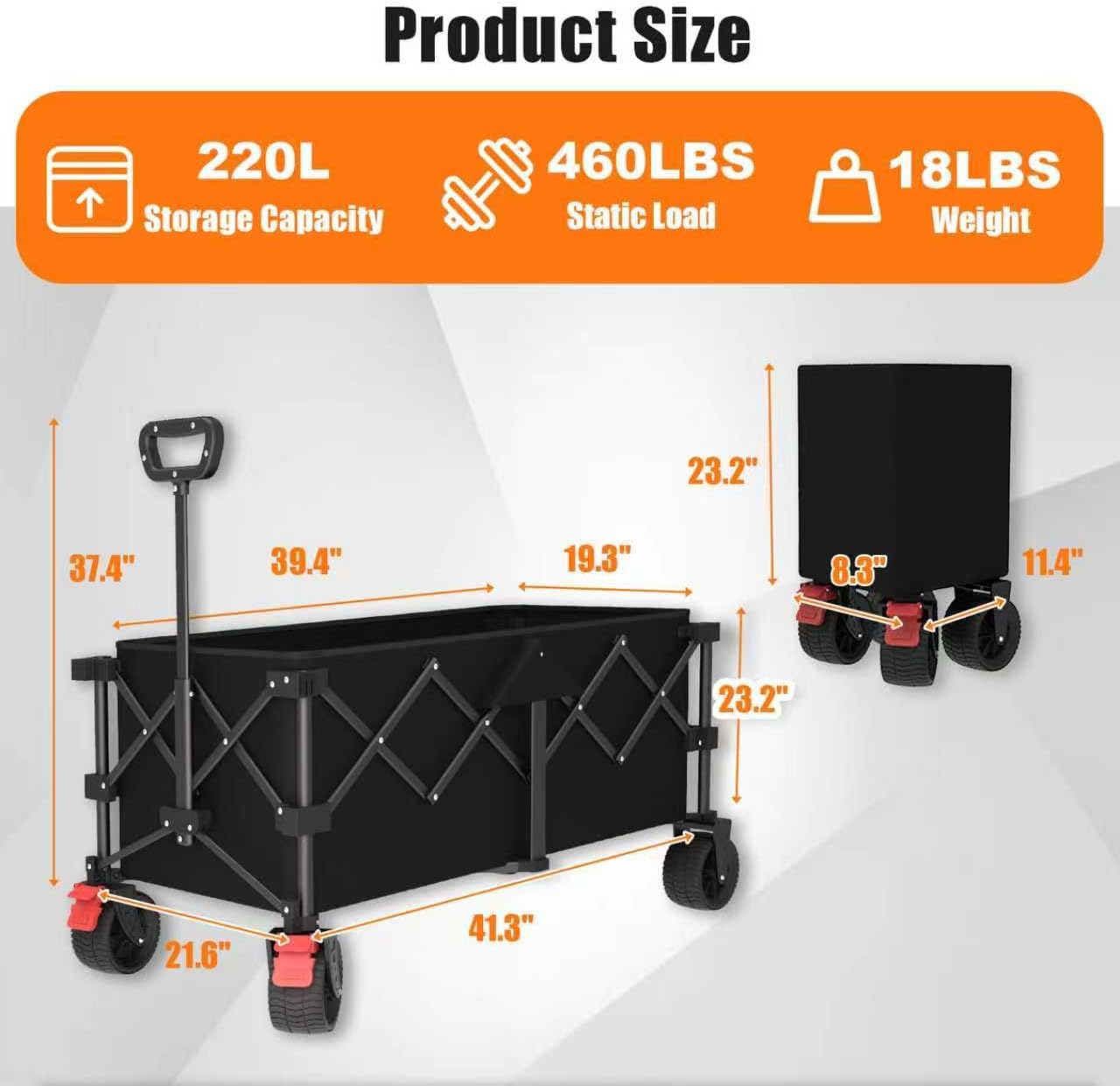 41" L Collapsible Large Wagon Cart Foldable, 460LB Weight Capacity 220