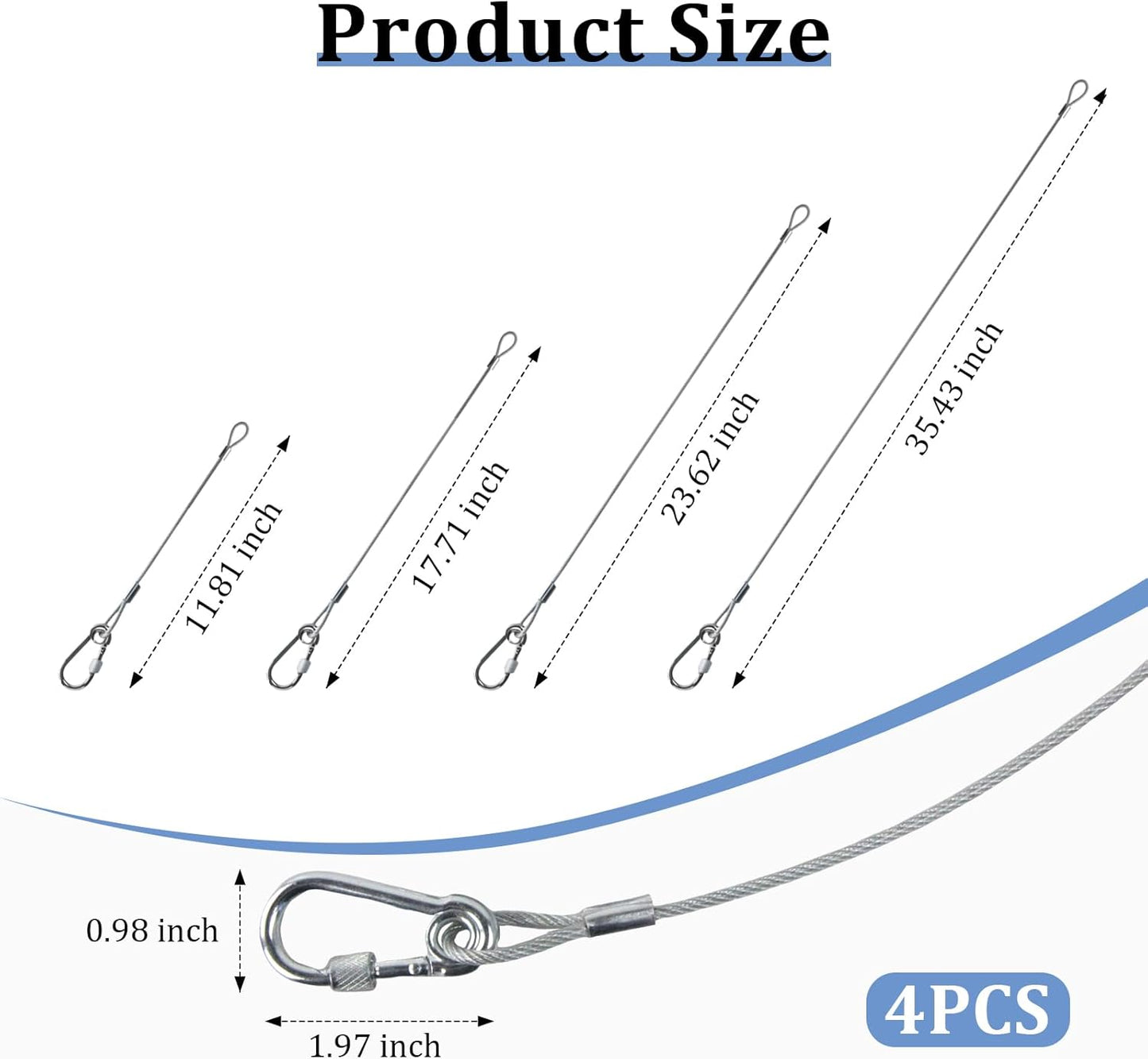 4 Pcs Hanging Steel Cables with Carabiner Hooks 12" 18" 24" 36"- Adjustable Hanging Chain Cable Rope Bird Feeder Hanger for Bird Feeders, Planters, Lanterns & Outdoor Christmas Tree Decorations