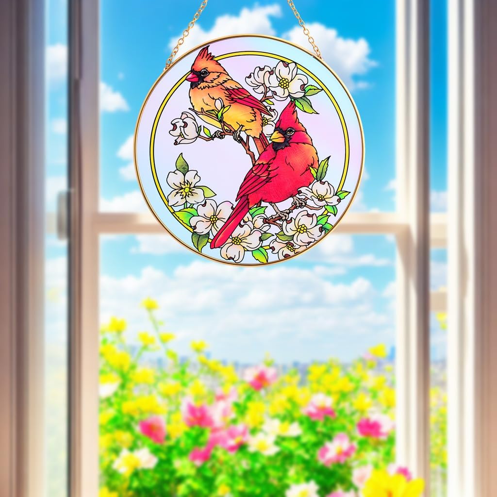 Cardinal Suncatchers for Windows,6.3” Stained Glass Window Hangings,Hand-Painted Glass Panel Perfect for Home Décor and Gifts