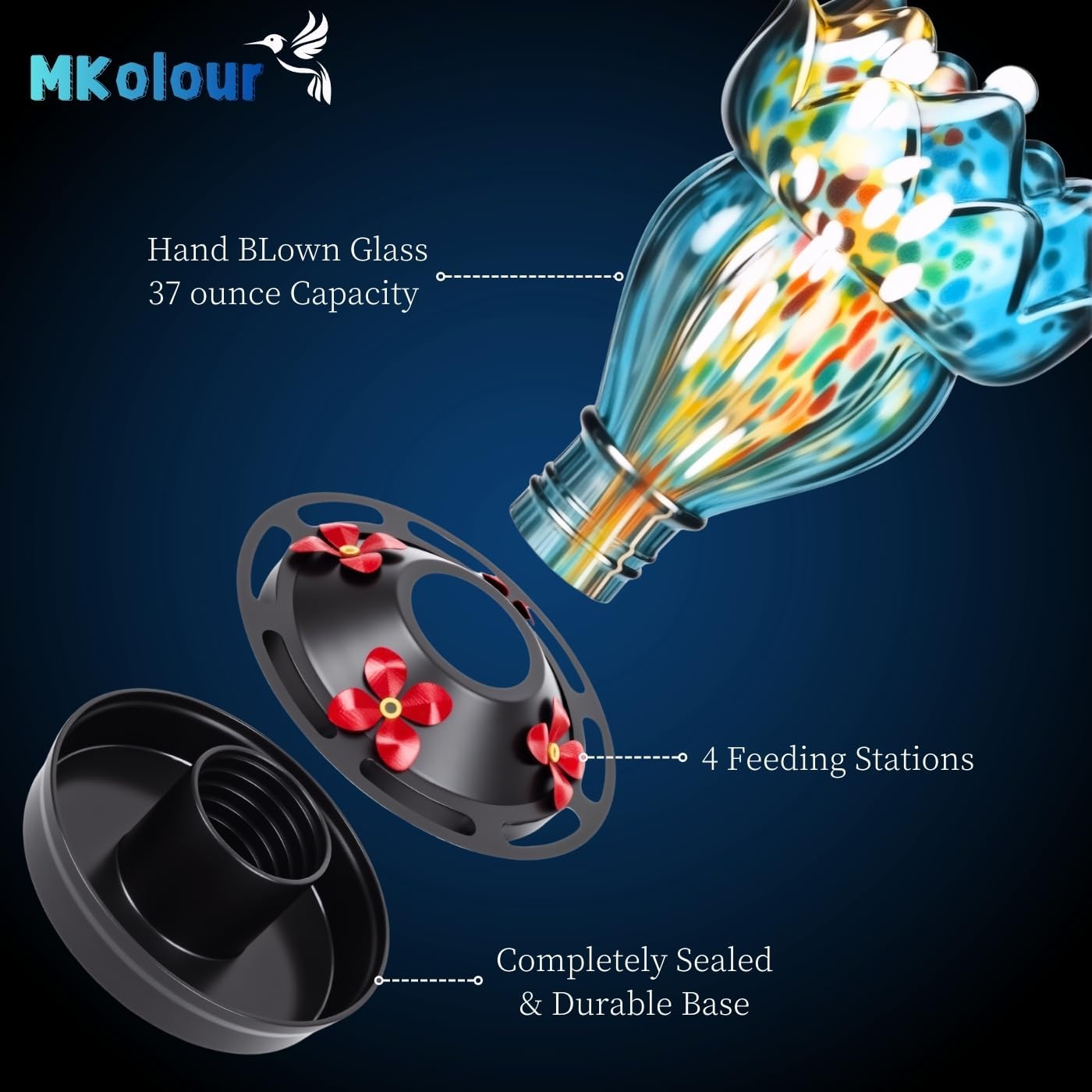 Lotus Shaped Hummingbird Feeder for Outdoors, Hand Blown Glass Hummingbird Feeders for Outdoors Hanging with 4 Feeding Ports, Leak-Proof Bird Feeder- Garden Decor Gifts for Women(Blue)