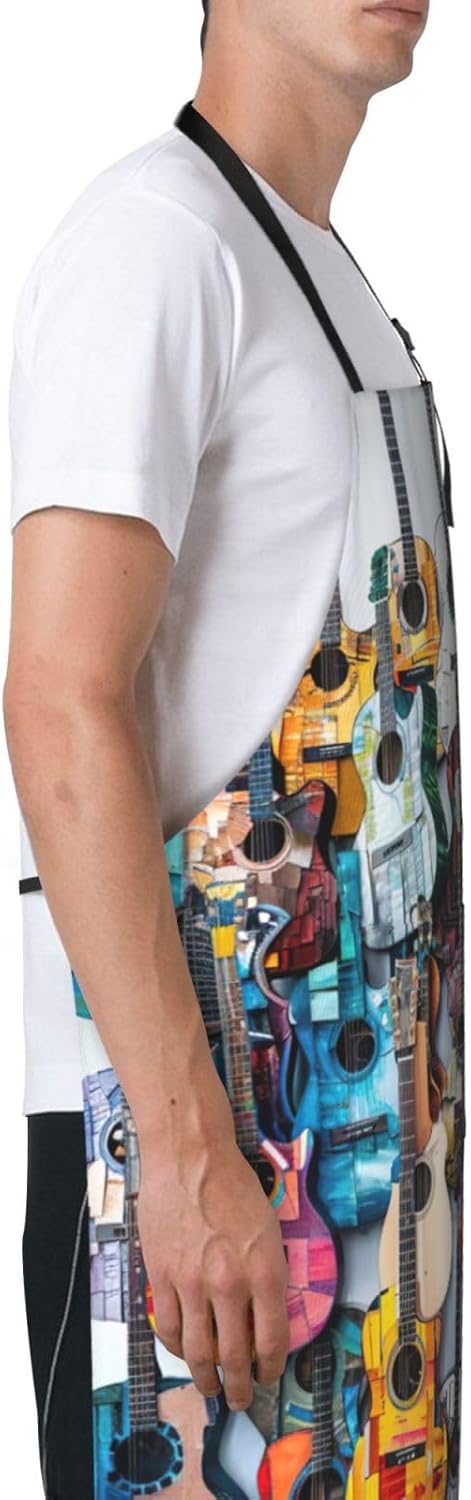 Color Acoustic and Guitars print Waterproof chef's apron with pocket a