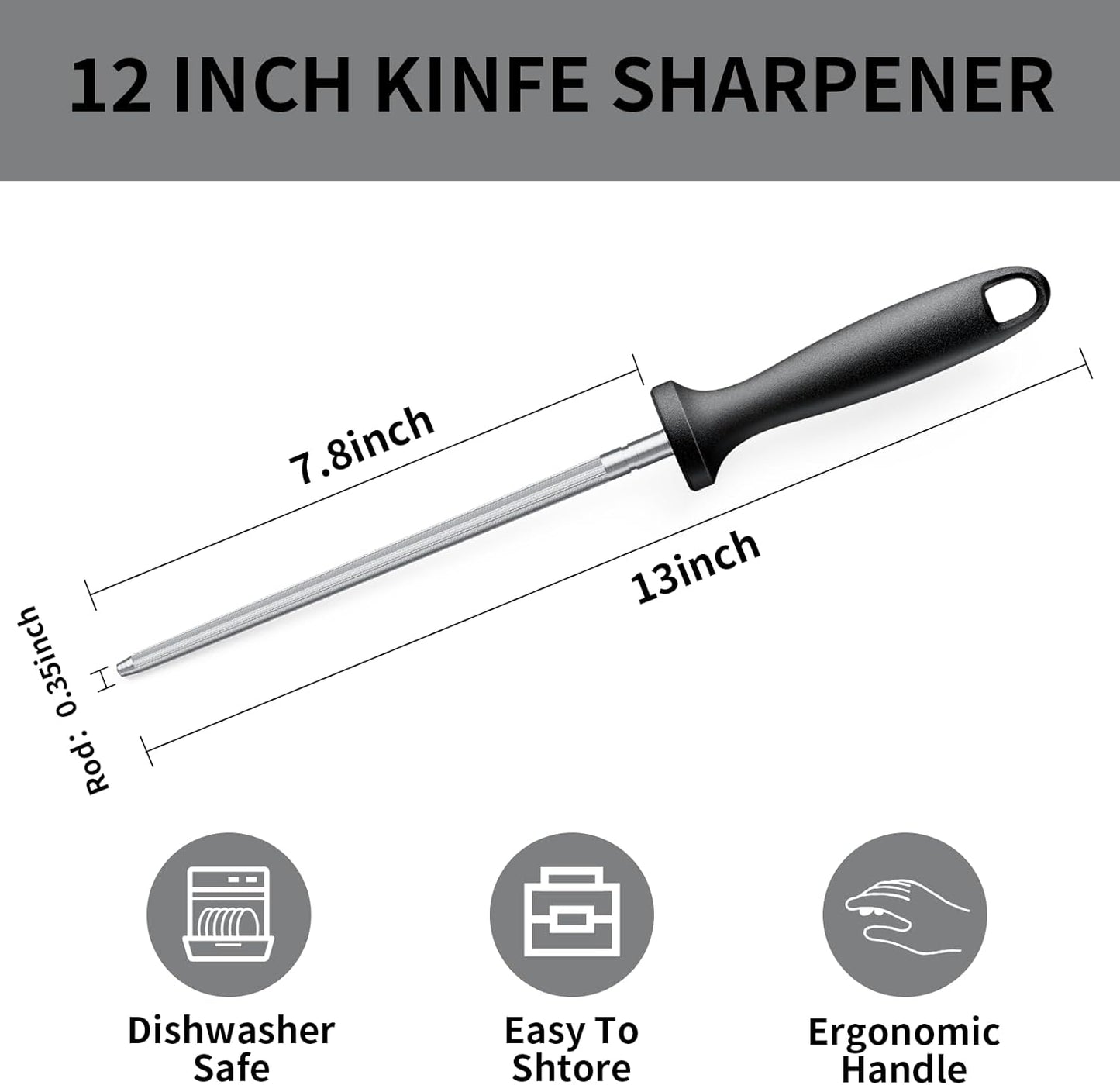 Knife Sharpener Rod, 13 Inch Carbon Steel Honing Steel for Kitchen Knives, Professional Magnetized Sharpening Stick with Nickel-Chrome Plating, Easy Grip Tool for Chef Knives