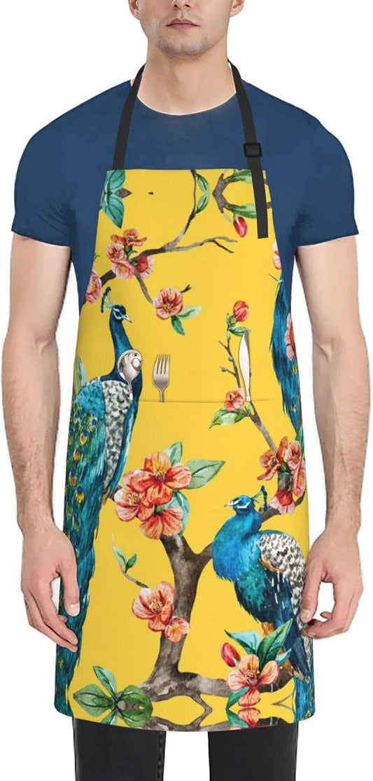 Beautiful Peacock Print 28x33 In Adult Kitchen Apron with Pockets Vers