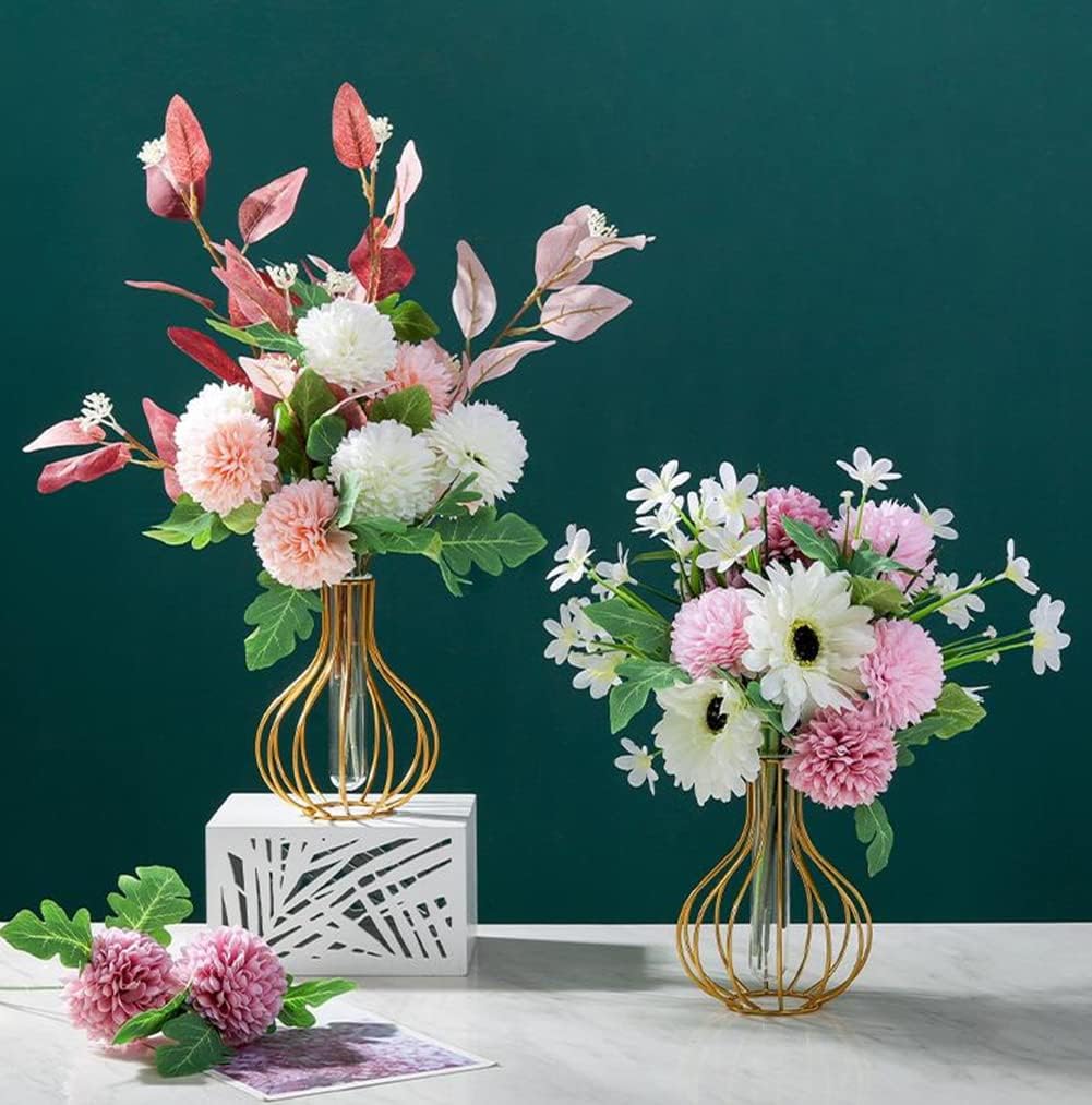 Nordic Simple Glass Clear Vase with Iron Art Frame for Hydroponic Planter, Metal Flower Vase Test Tube Pot Decorative Bottles Centerpieces for Wedding Home Décor (Gold,Gourd)