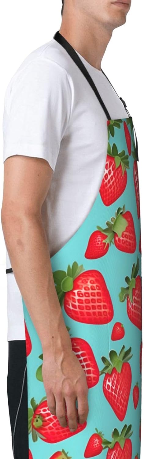 Cute strawberry print Waterproof chef's apron with pocket apron for kitchen cooking baking barbecue and gardening