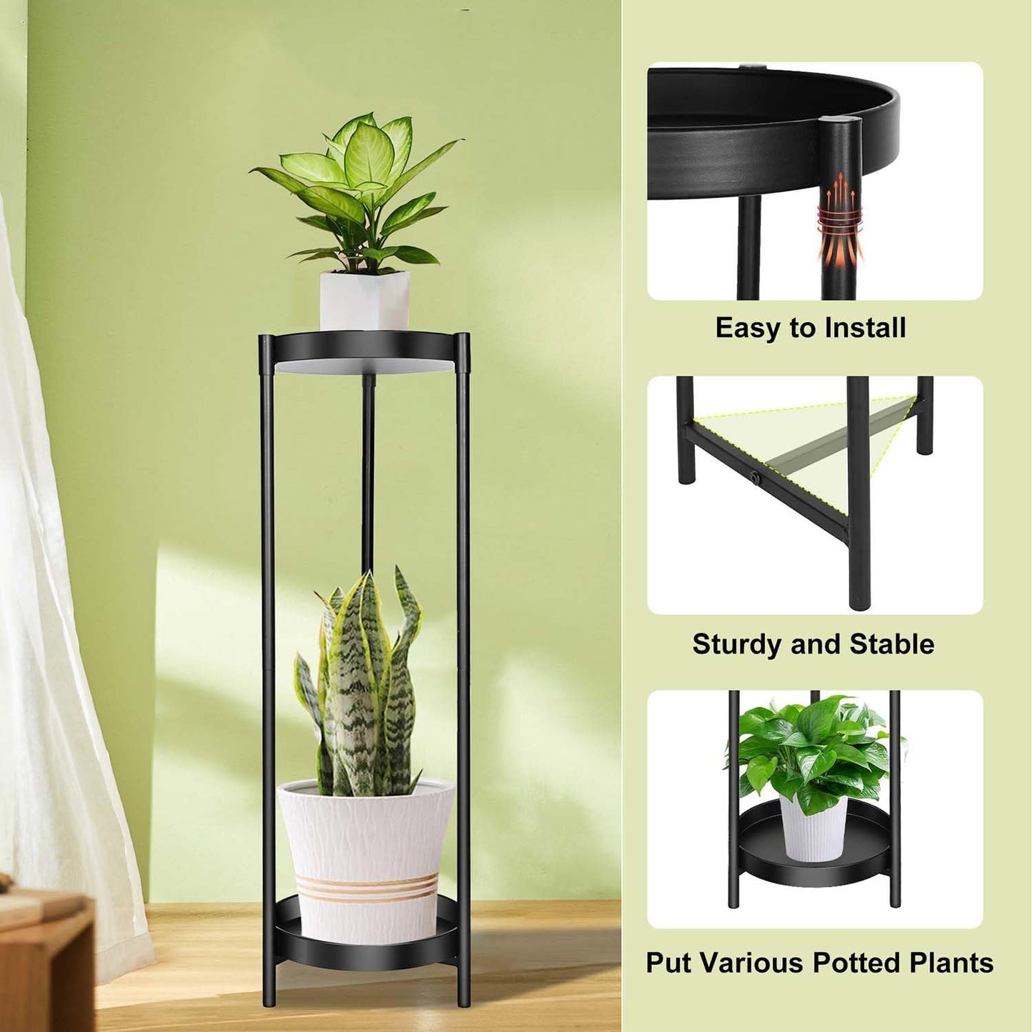 Plant Stand Indoor Outdoor, 2 Tier 24" Tall Black Flower Pot Plant Sta