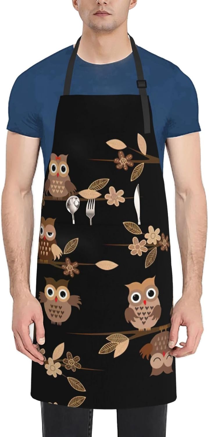 Cute Brown Cartoon Owls Print Laundry apron 28x33 In Waterproof Kitchen Apron with Pockets for Cooking Baking