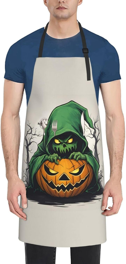 Green Ghost Horror Halloween Pumpkin 1 print Waterproof chef's apron with pocket apron for kitchen cooking baking barbecue and gardening