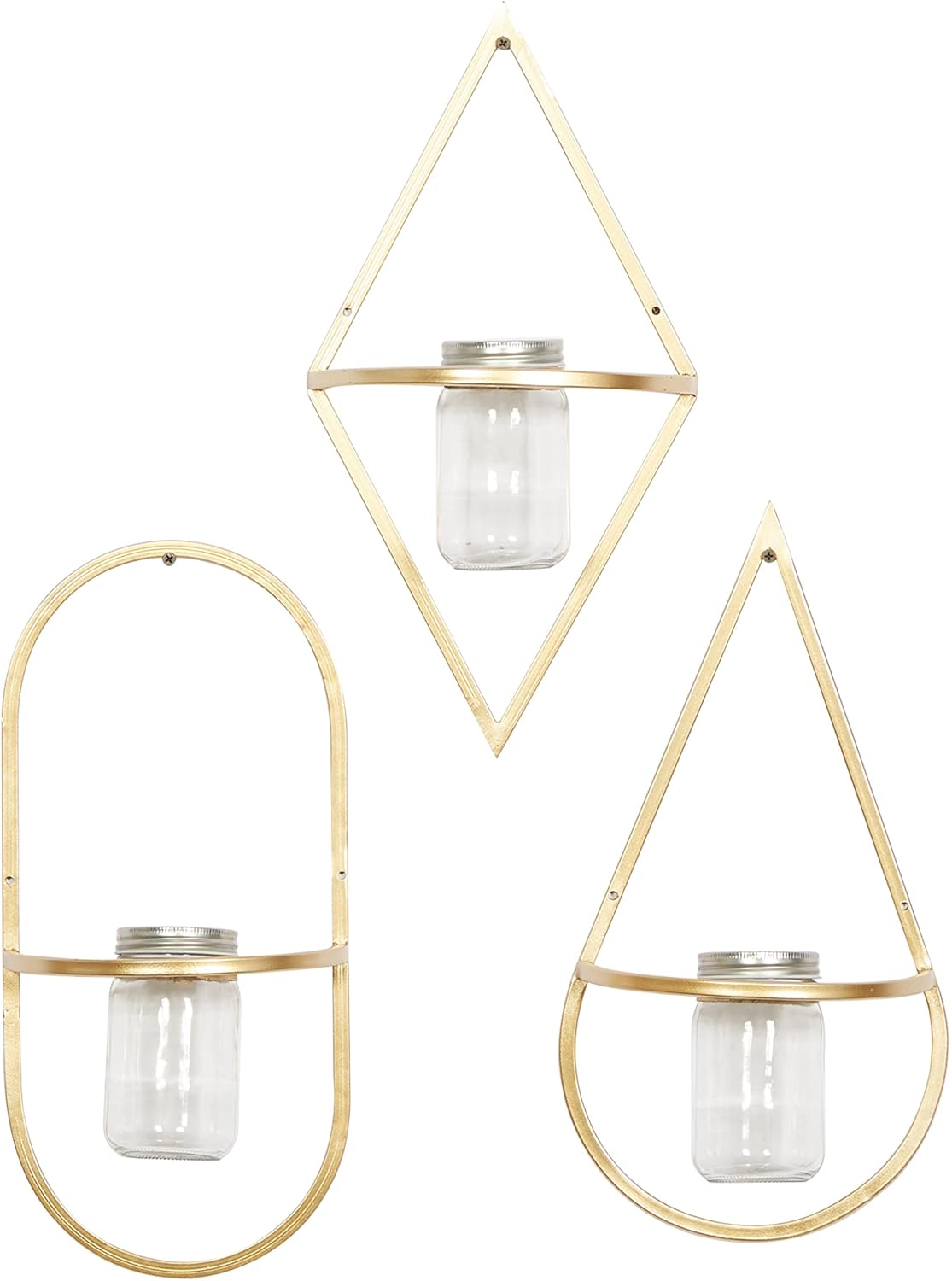 CosmoLiving by Cosmopolitan Metal Geometric Wall Planter Hanging Planter with Glass Holder, Set of 3 Plant Hanger 8"W, 17"H, Gold