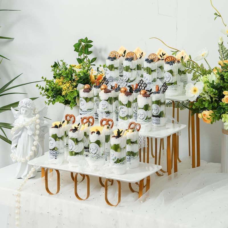 15inch 3 Tier Rectangular Plates with Metal standsy Set, Serving Trays Party Divided Tray, Used for Displaying Vegetables, Fruits and Desserts Cake, Golden and White Version