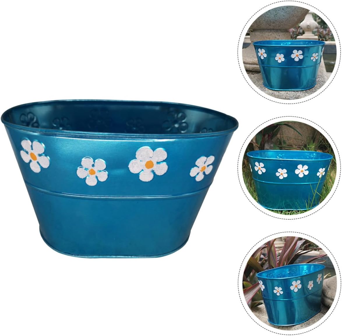 BESTOYARD Vintage Blue Floral Embossed Iron Flower Bucket with Handle 