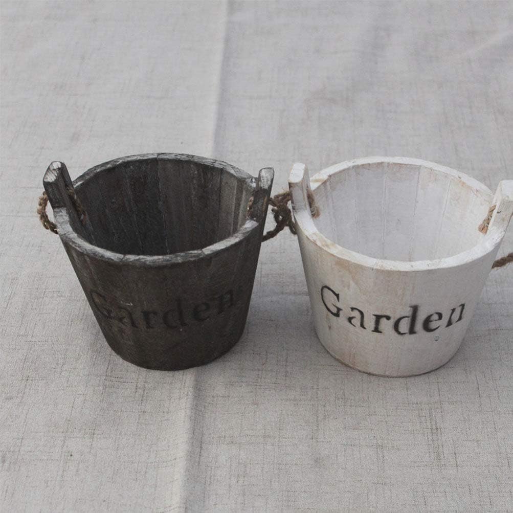 Hemoton Wooden Barrel Planter 2Pcs Set Rustic Bucket Flower Pot Decoration with Handle for Indoor Outdoor Succulent Plants