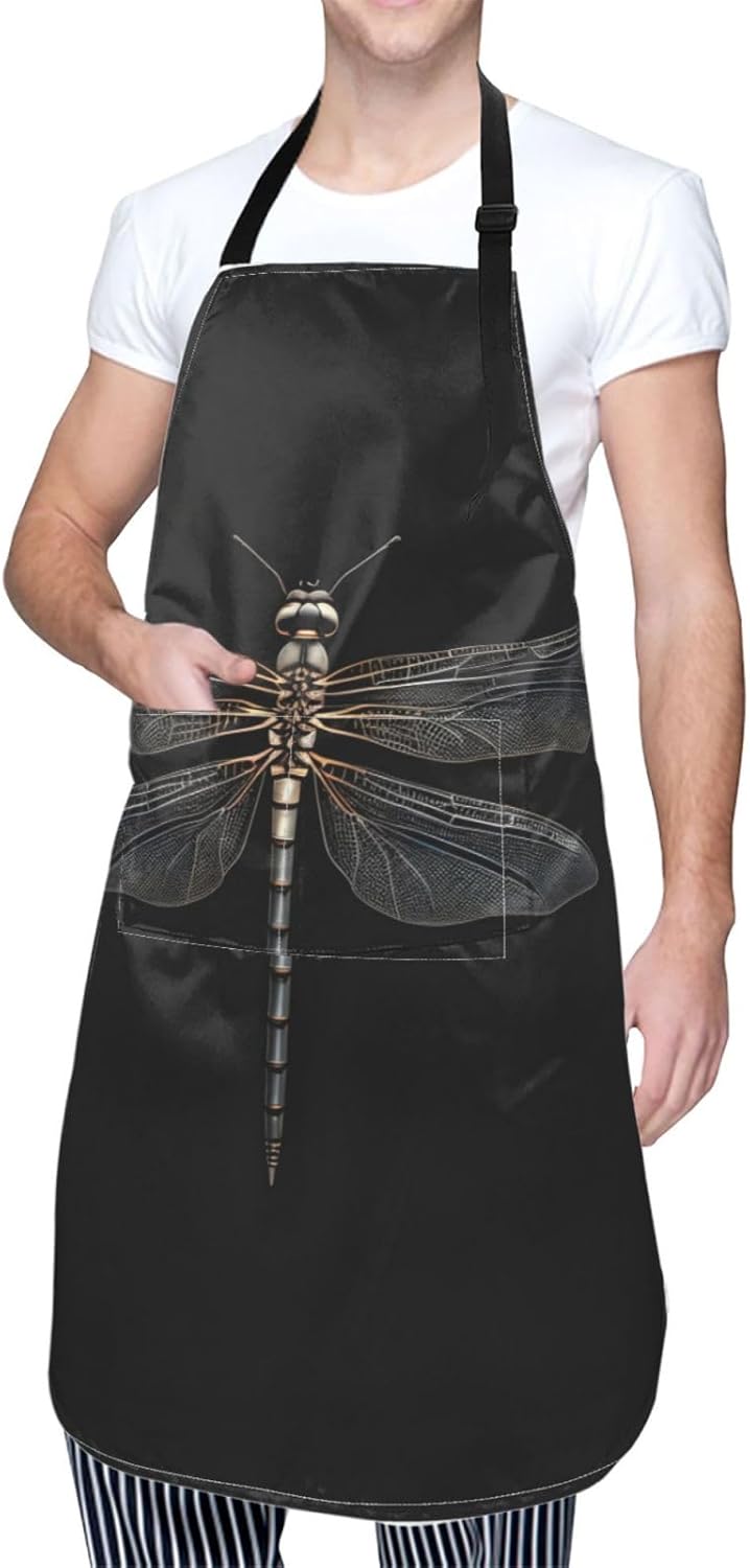 Dragonfly Black Print Laundry apron 28x33 In Waterproof Kitchen Apron with Pockets for Cooking Baking