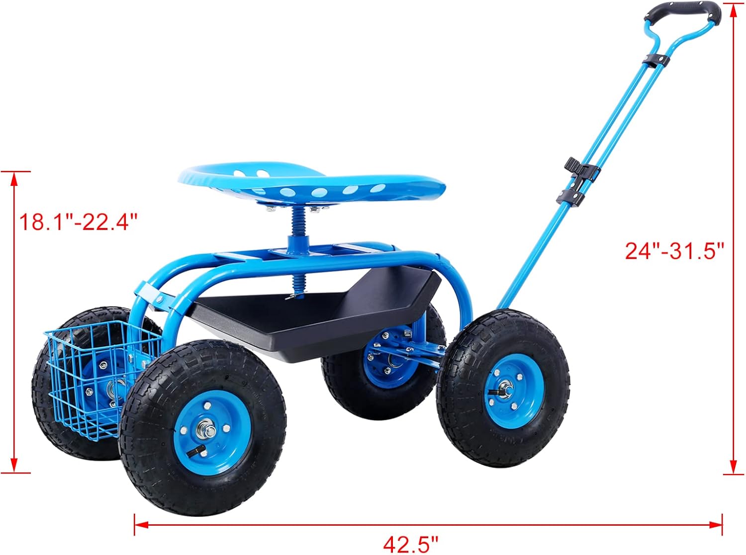 Rolling Garden Cart with 4 Wheels Tool Tray Basket Adjustable Height 3