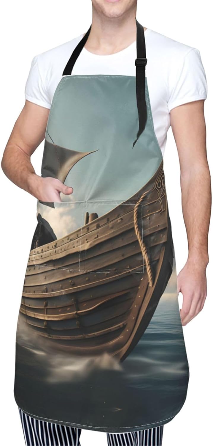 Old Viking Boat Print 28x33 In Adult Kitchen Apron with Pockets Versat