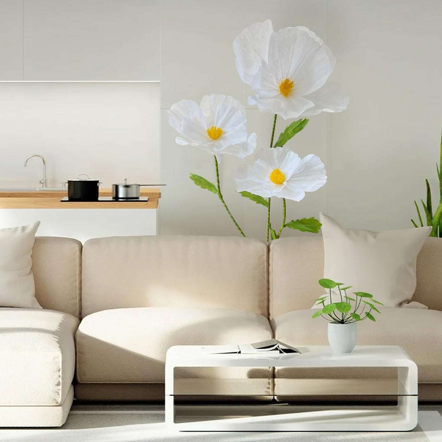 3Pcs Giant Artificial Flowers 3D Decorations Flower with Stand Base, Indoor Outdoor Art Home Decorative for Wedding Reception Arrangement Birthday Party Bridal Shower Baby Shower (White)