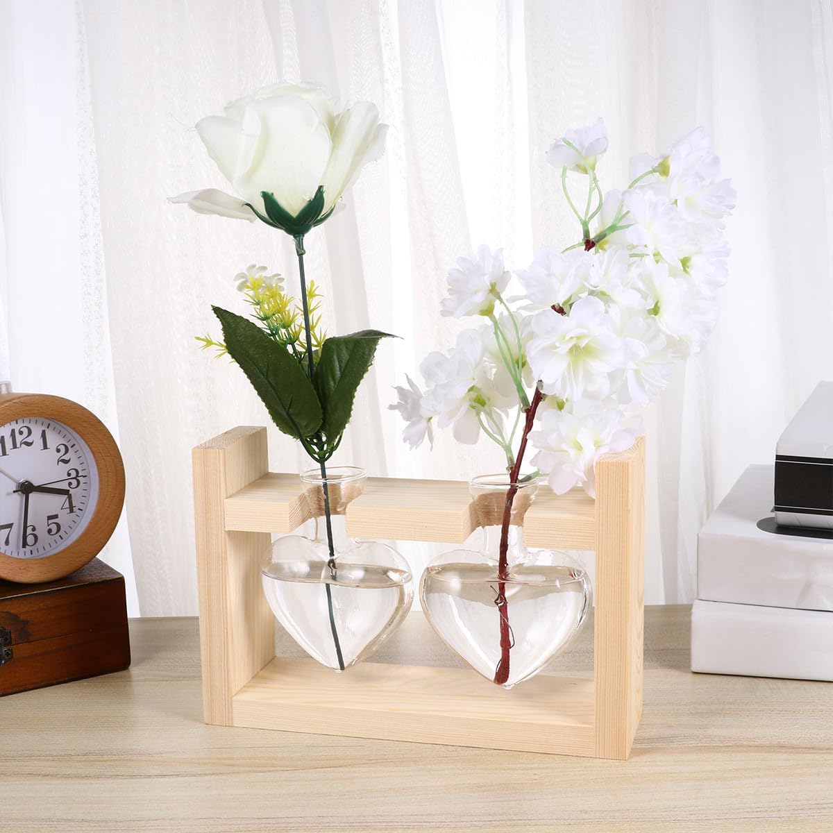 Heart-Shaped Glass Vases with Wooden Frame, Hydroponic Planter Contain