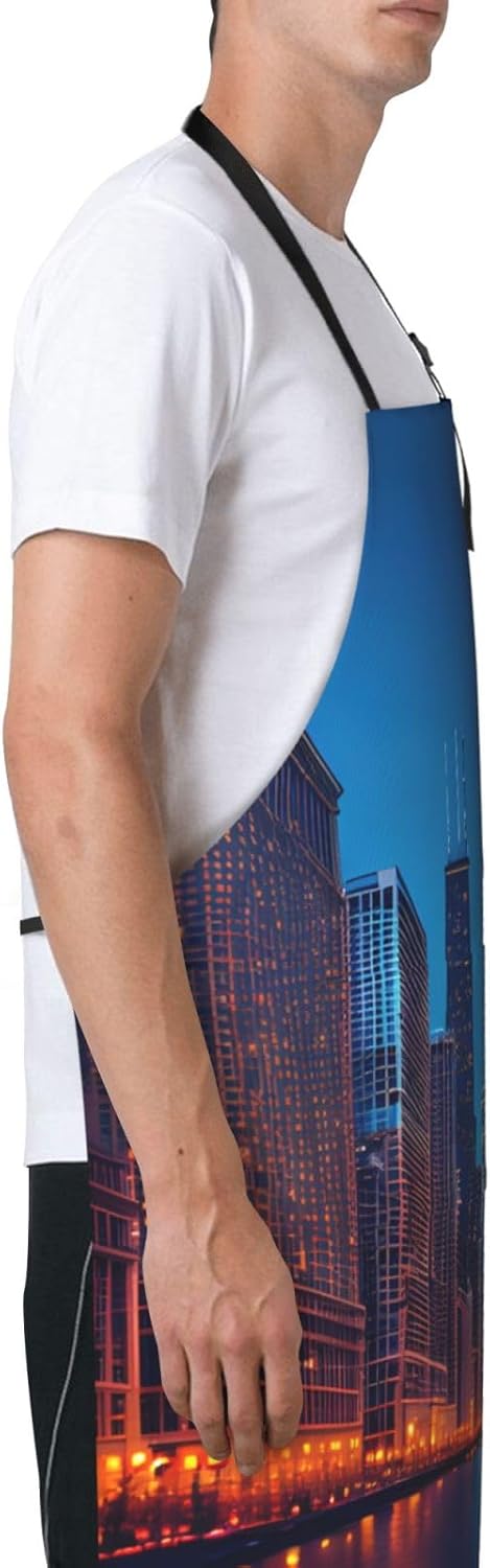 Chicago Night Print Laundry apron 28x33 In Waterproof Kitchen Apron with Pockets for Cooking Baking