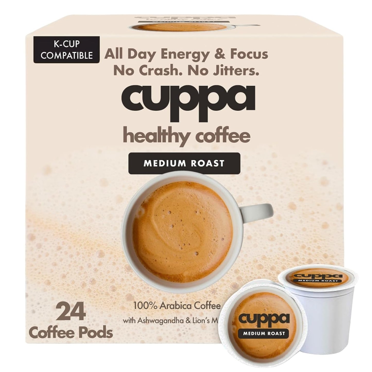 Cuppa Medium Roast Mushroom Coffee with Adaptogens & Superfoods - Lion’s Mane, Ashwagandha & Cordyceps. Adaptogens + MCT to support natural energy, mental focus & gut health (24 Servings)