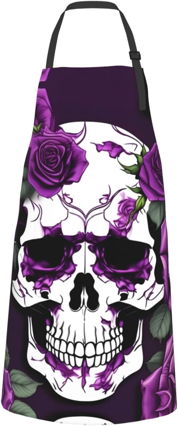 Purple Rose skeleton Print 28x33 In Adult Kitchen Apron with Pockets Versatile Chef Smock for Cooking Baking