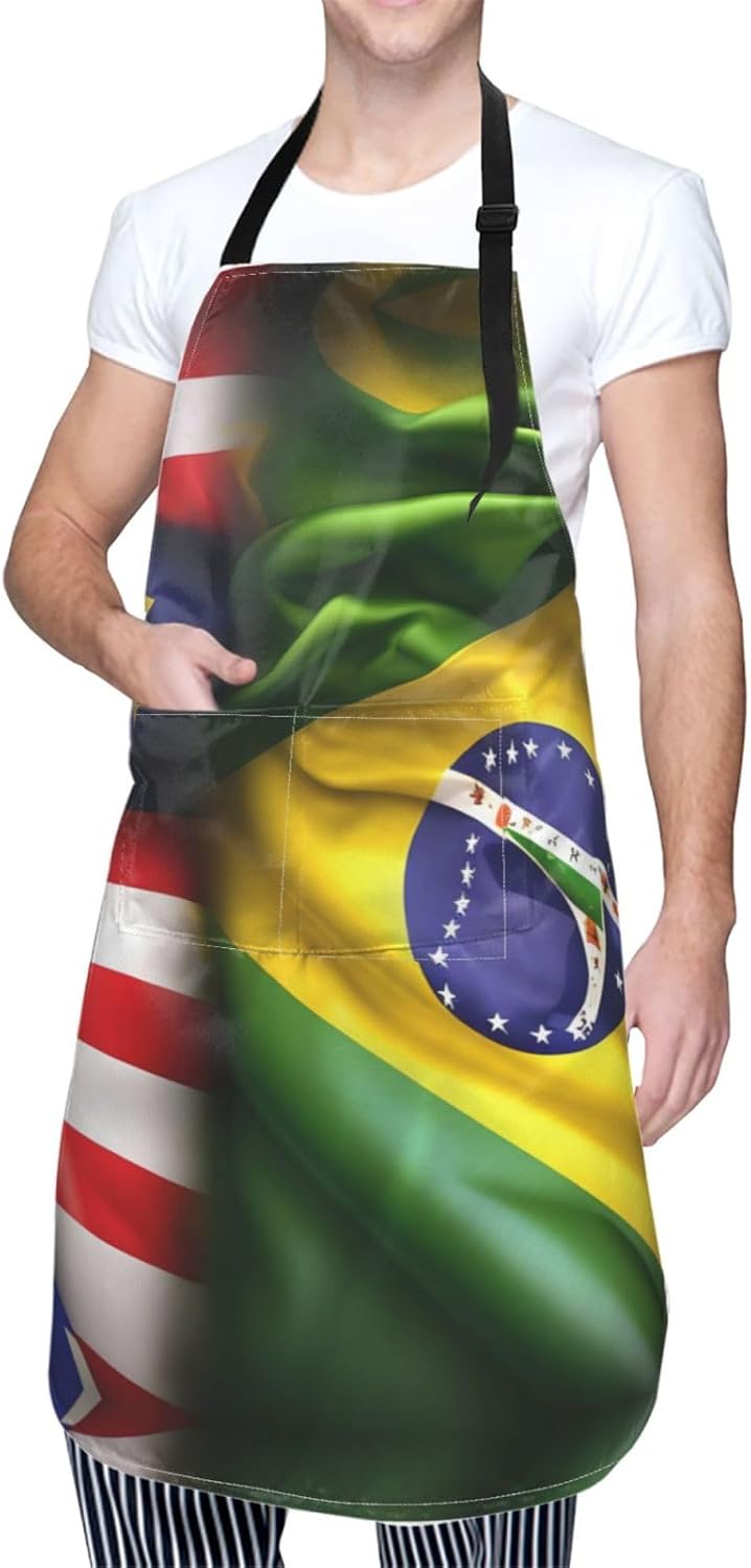 American and Brazilian Flags Print Laundry apron 28x33 In Waterproof Kitchen Apron with Pockets for Cooking Baking