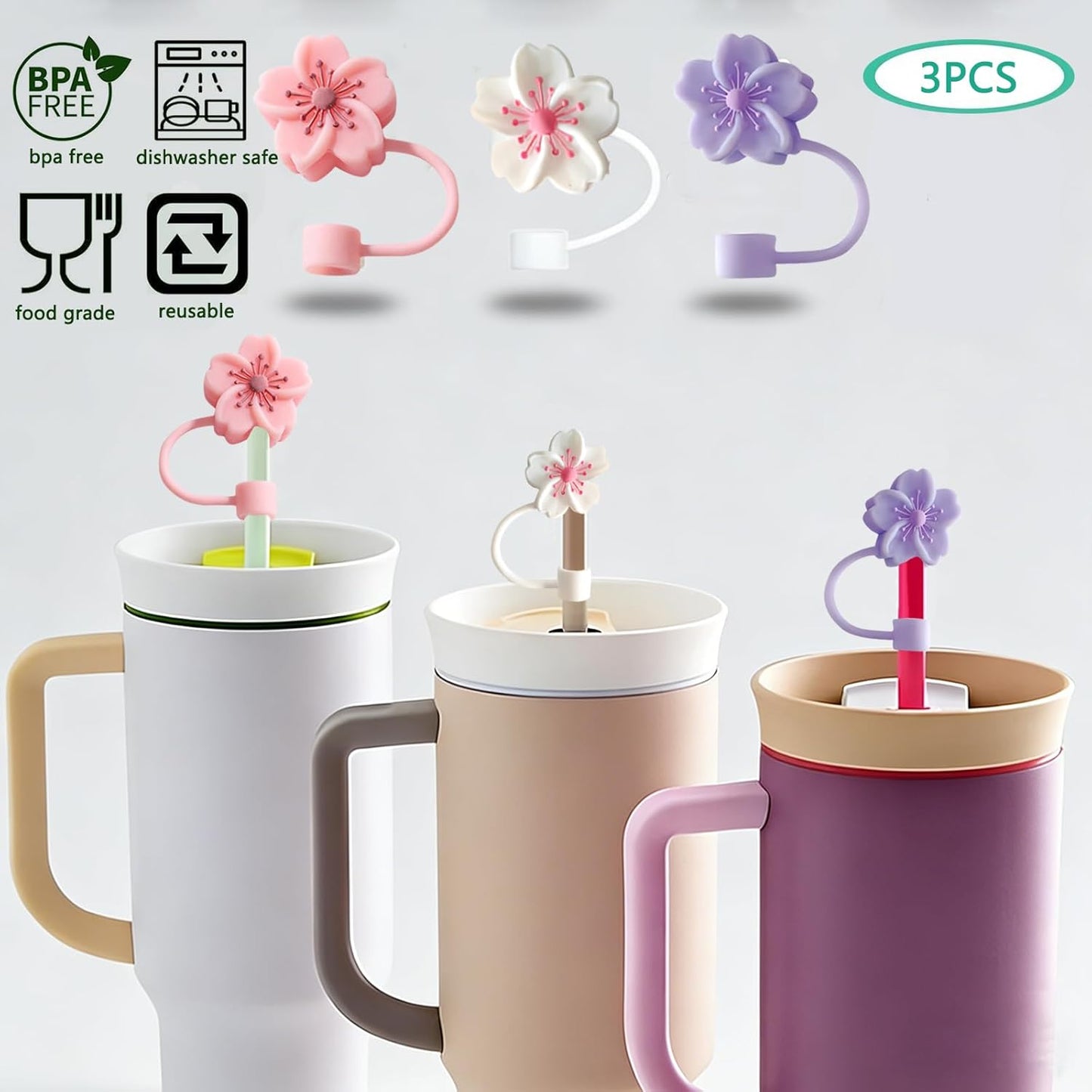 Silicone Straw Caps for 10mm Tumblers | Reusable Dust-Proof Straw Toppers Compatible with Stanley 30oz & 40oz Tumblers (Purple Flower 3pc)