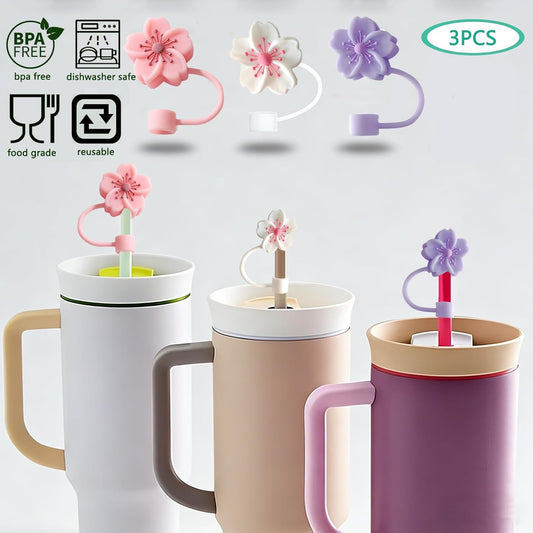 Silicone Straw Caps for 10mm Tumblers | Reusable Dust-Proof Straw Toppers Compatible with Stanley 30oz & 40oz Tumblers (Purple Flower 3pc)