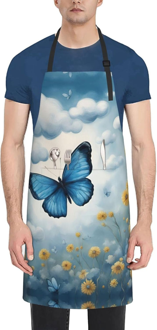 blue butterfly and Clouds print Waterproof chef's apron with pocket apron for kitchen cooking baking barbecue and gardening
