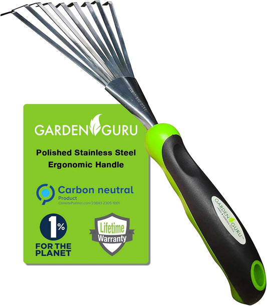 Garden Guru Stainless Steel Hand Rake Soil Tiller with Ergonomic Handl