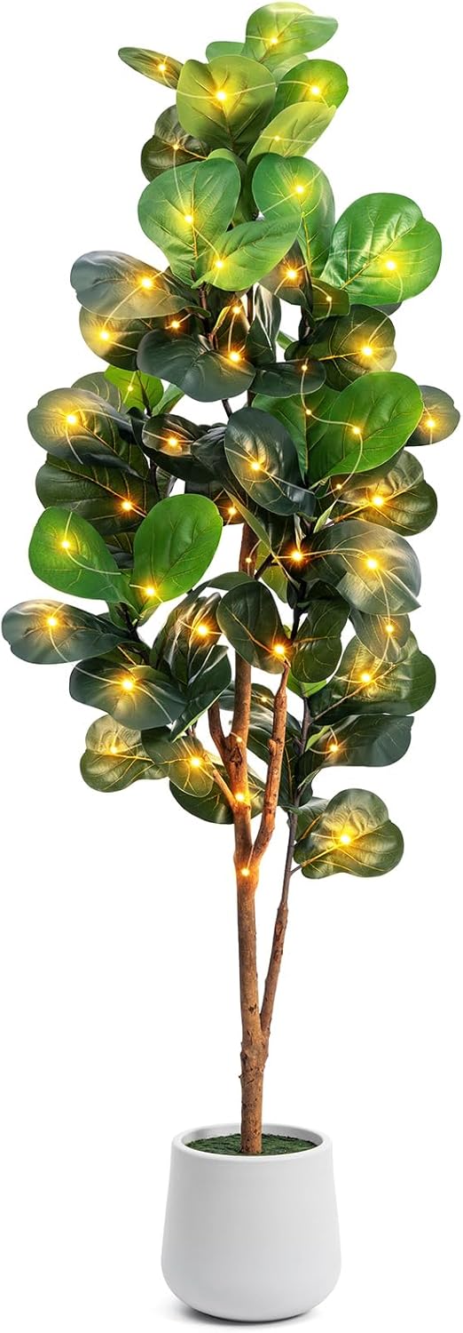 6ft Artificial Fiddle Leaf Fig Tree with LED Fairy Lights & White Planter - Lifelike Faux Ficus Lyrata Plant in Pot with Natural Trunk for Home Office Living Room Bathroom Corner Decor Indoor Outdoor