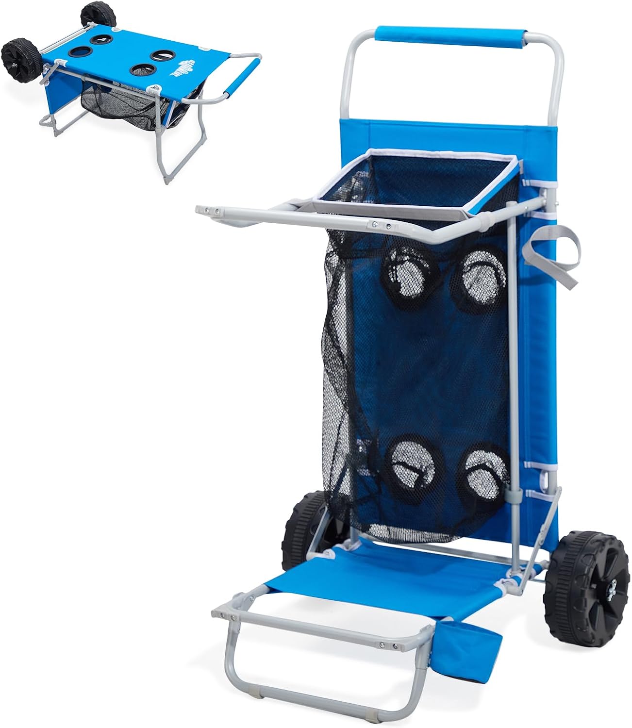 2-in-1 Beach Cart with Big Wheels for Sand, Folding Utility Wagon with Chair Holder, Cooler Bag, Mesh Storage, 4 Cup Holders, Umbrella Rack, Supports 100 lbs, Ideal for Beach Camping Shopping