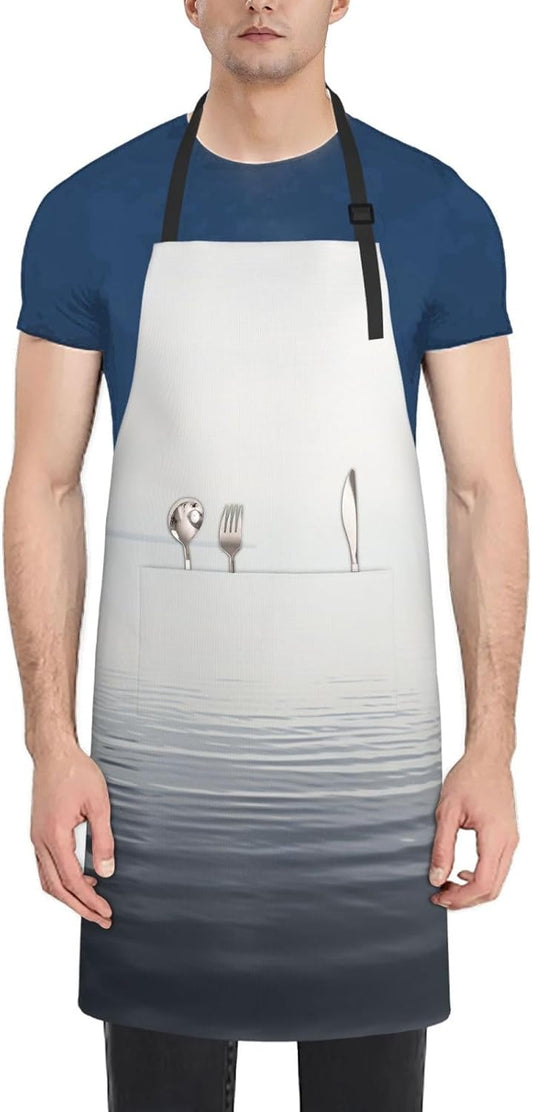 Black White Ocean print Waterproof apron with pocket adjustable cooking apron for adult kitchen bibs to bake
