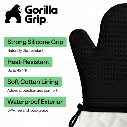GORILLA GRIP BPA-Free Soft Silicone Oven Mitts, Heat Resistant and Waterproof Cooking Safety Gloves, Thick Cotton Lining, Flexible Gripping, Kitchen Potholders Set, for Grilling, BBQ, 12.5x8.3, Black