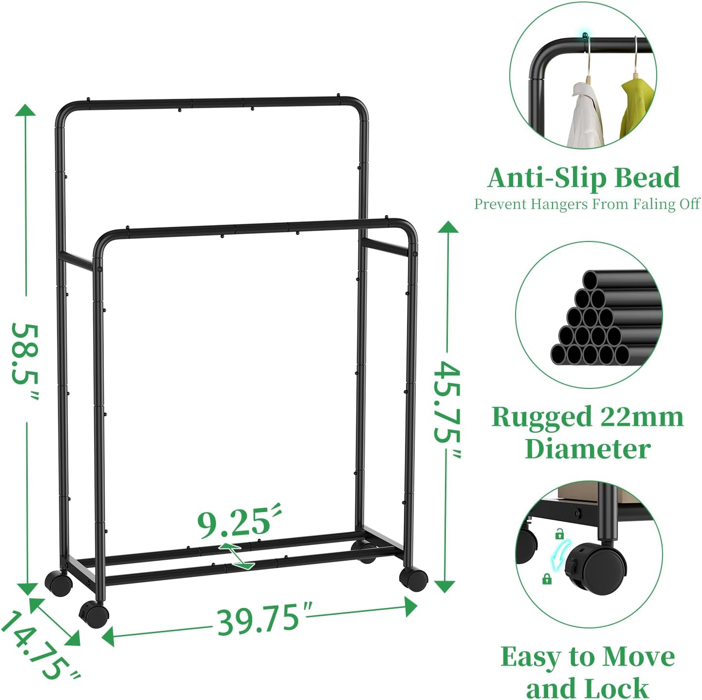 Simple Trending Clothing Clothes Rack Double Rods with Wheels, Rolling Metal Garment Rack for Hanging, Black
