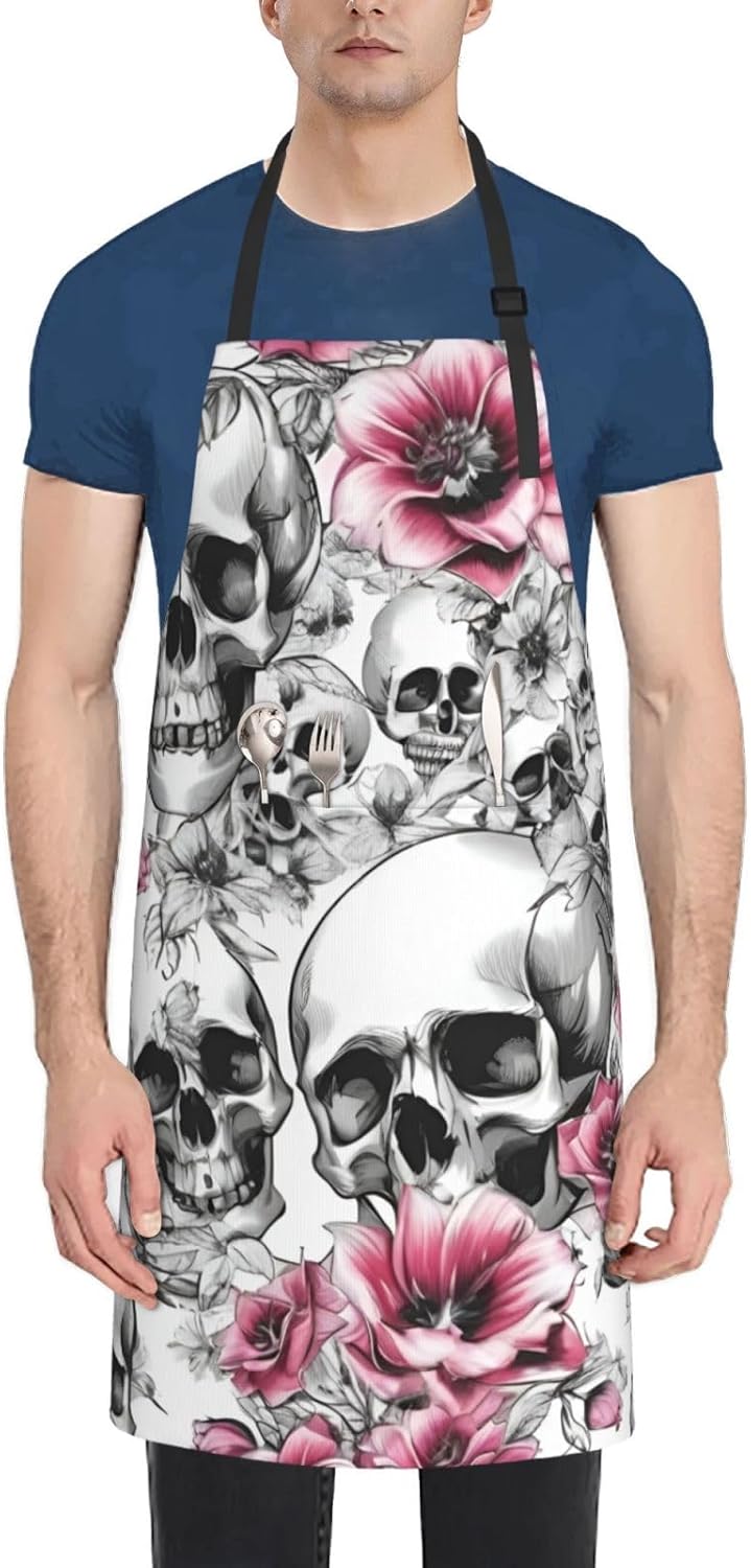 YANYU Floral Skull Print 28x33 In Kitchen Apron Stylish Chef Apron wit
