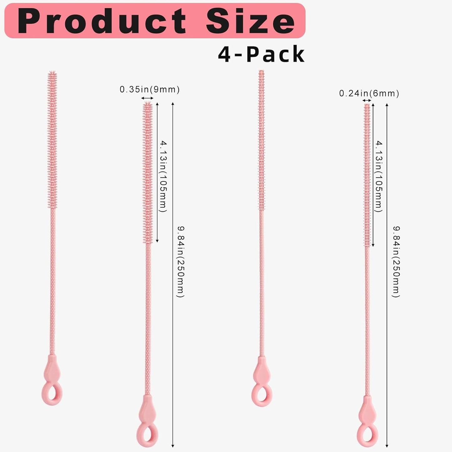 Silicone Straw Cleaner Brush, 4-Piece Reusable Straw Brush Set with Extra-Long Design for Cleaning Thin Metal Straws and Wider Milkshake Straws （6mm+9mm Pink)
